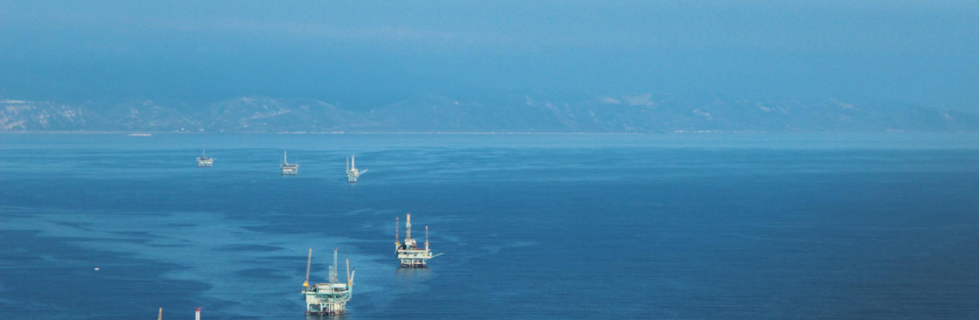 A row of decommissioned oil platforms along the Santa Barbara channel.